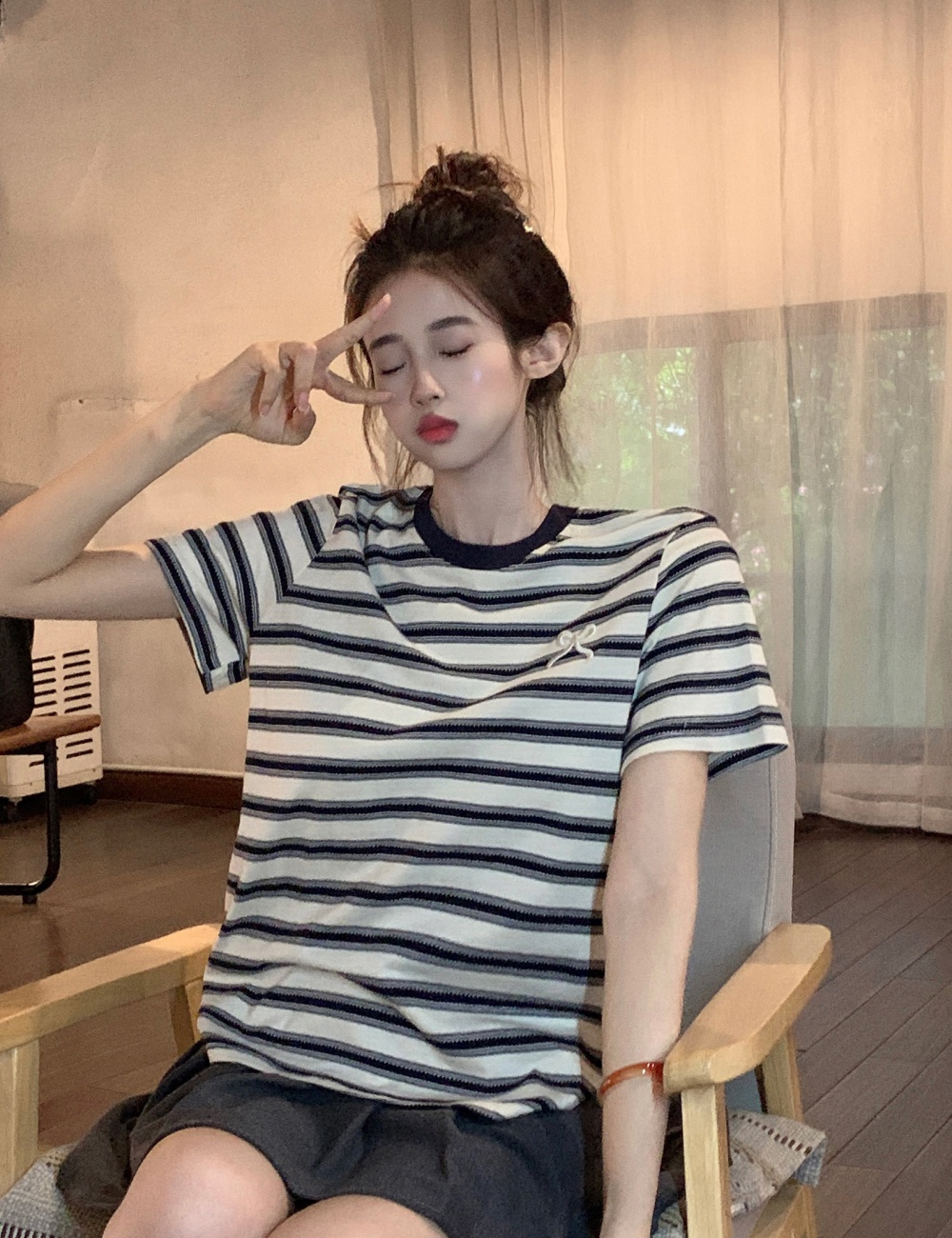 Stripe short sleeve tops Korean style T-shirt for women