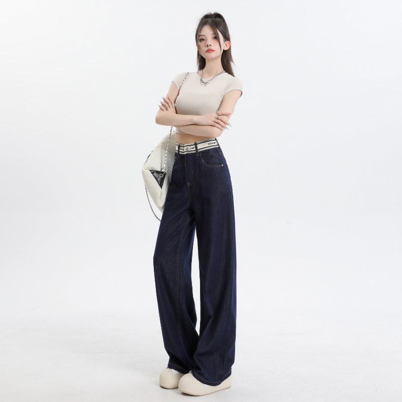 Splice drape mopping jeans thin navy-blue pants for women