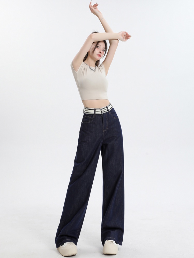 Splice drape mopping jeans thin navy-blue pants for women