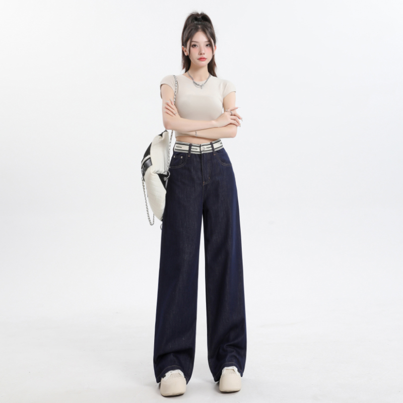 Splice drape mopping jeans thin navy-blue pants for women