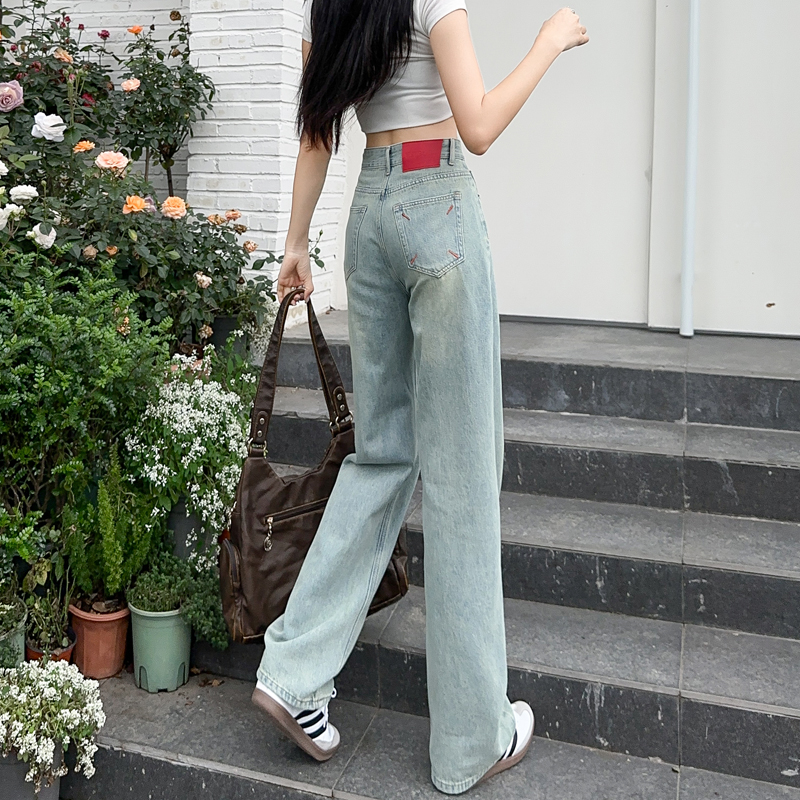 High waist jeans straight long pants for women