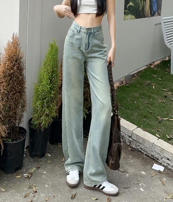 High waist jeans straight long pants for women