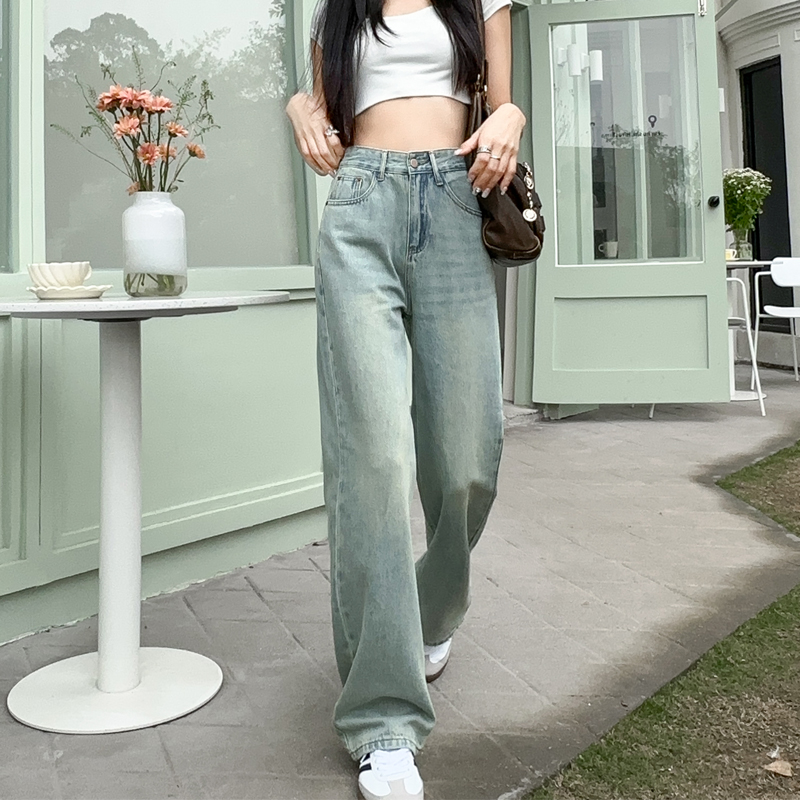 High waist jeans straight long pants for women