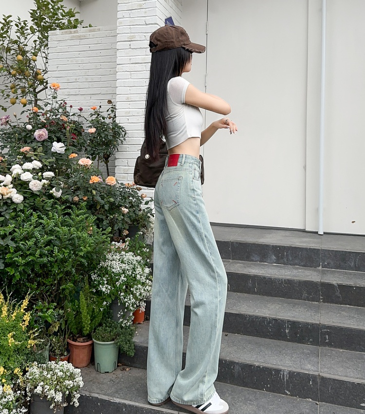 High waist jeans straight long pants for women