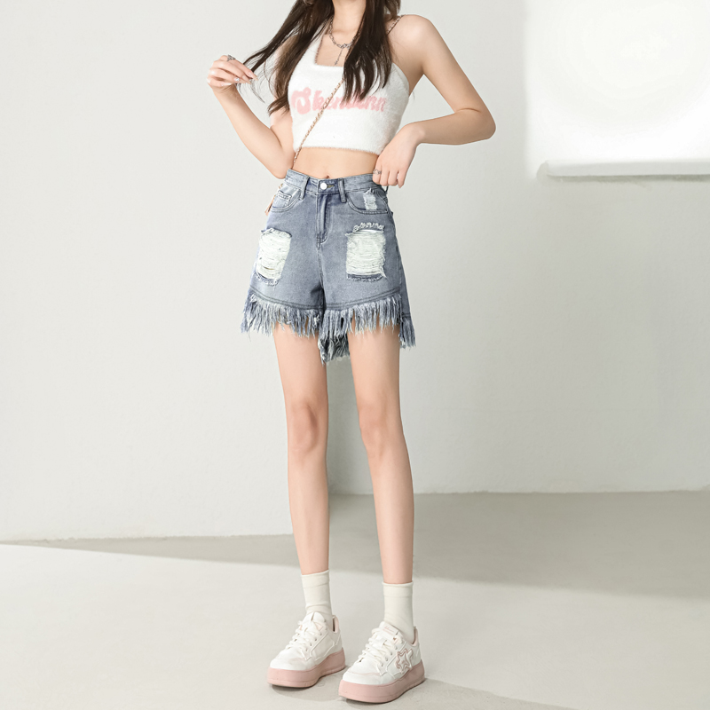 Slim blue shorts burr A-line short jeans for women