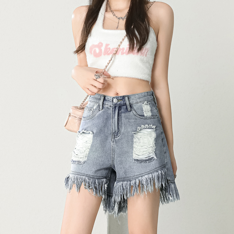 Slim blue shorts burr A-line short jeans for women