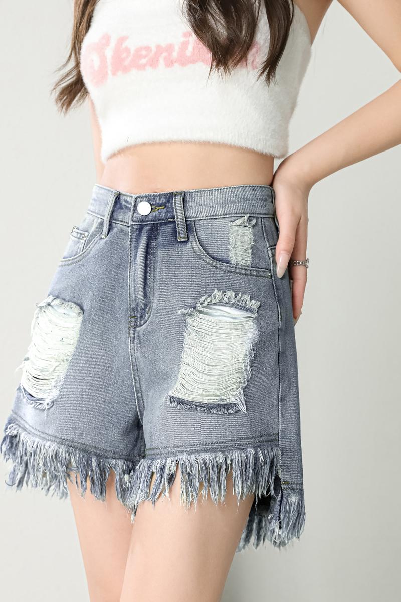 Slim blue shorts burr A-line short jeans for women