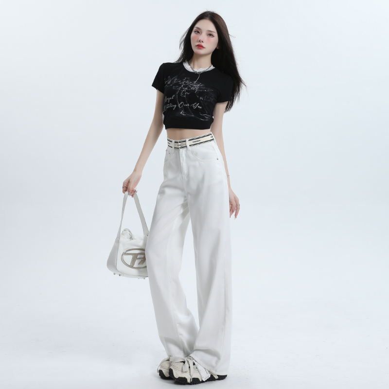 Wide leg white splice jeans drape mopping letters pants