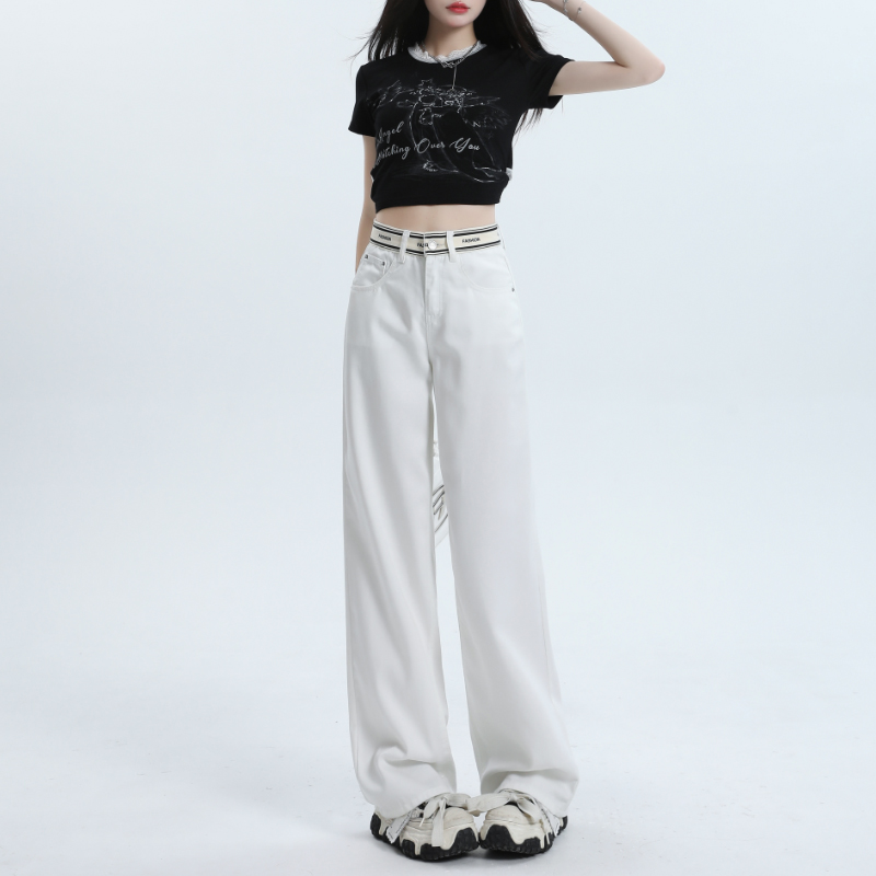 Wide leg white splice jeans drape mopping letters pants