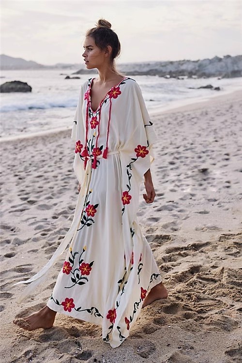 Flowers embroidery smock sunscreen long dress