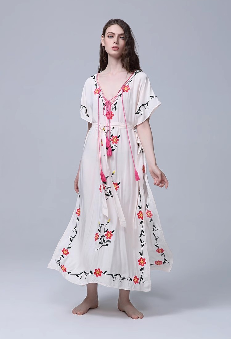 Flowers embroidery smock sunscreen long dress