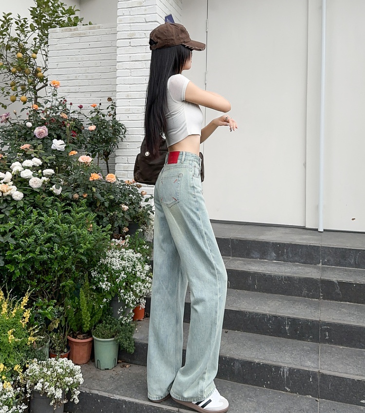 Straight mixed colors long pants embroidery jeans for women