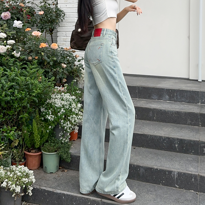 Straight mixed colors long pants embroidery jeans for women