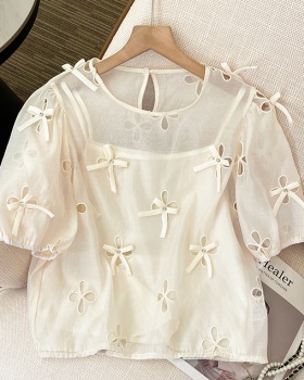 Bow France style splice summer hollow shirt 2pcs set