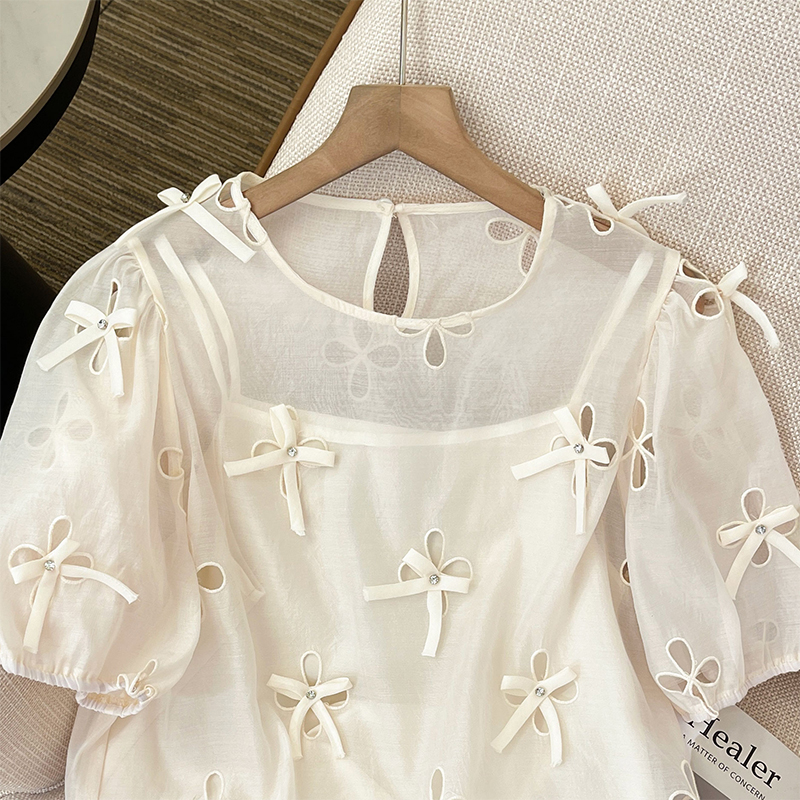 Bow France style splice summer hollow shirt 2pcs set