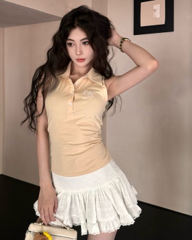 Sleeveless pinched waist embroidery summer slim tops