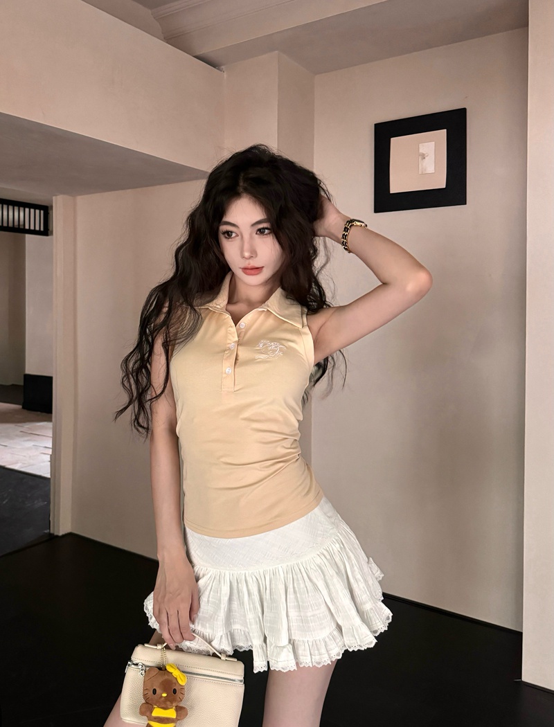 Sleeveless pinched waist embroidery summer slim tops