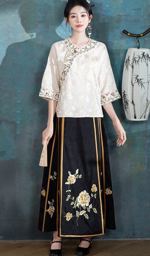 Short sleeve tops embroidery skirt a set for women