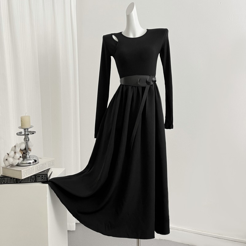 Temperament France style long dress with belt autumn dress