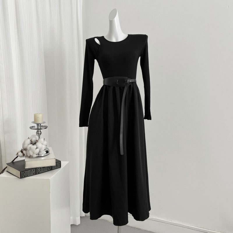 Temperament France style long dress with belt autumn dress