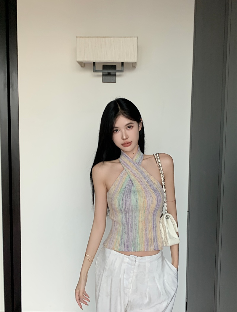 Halter stripe knitted tops sleeveless rainbow sexy vest