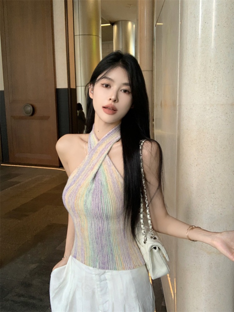 Halter stripe knitted tops sleeveless rainbow sexy vest