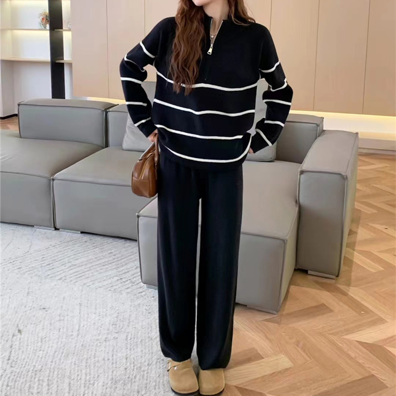 Cstand collar stripe long pants Casual sweater 2pcs set