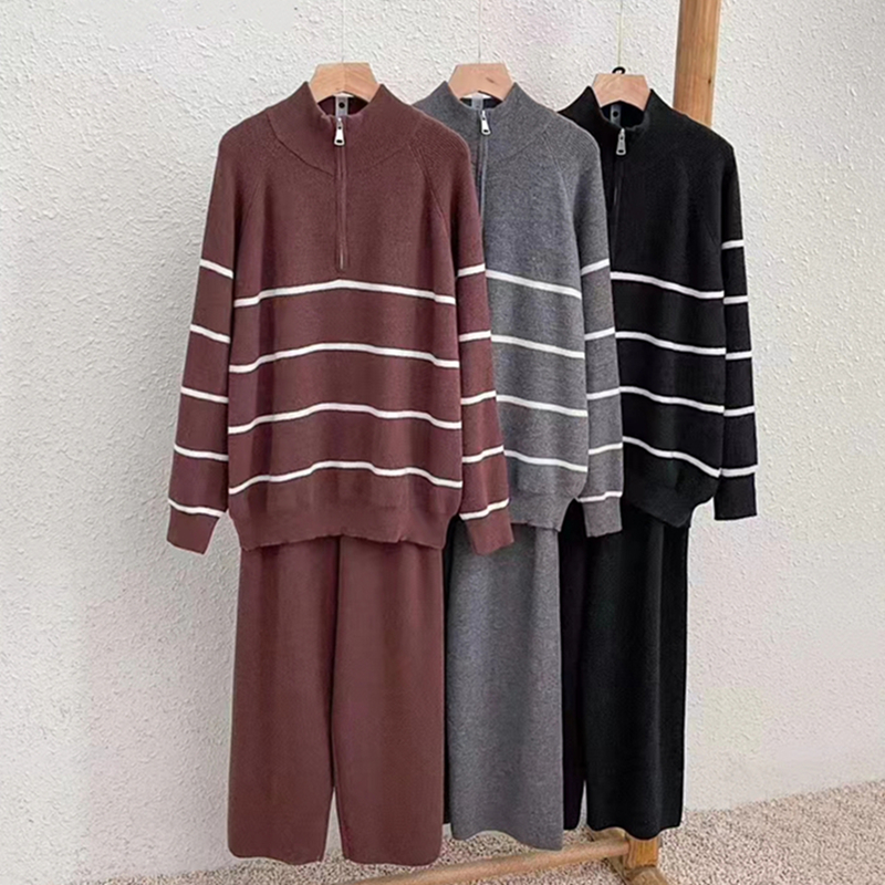 Cstand collar stripe long pants Casual sweater 2pcs set