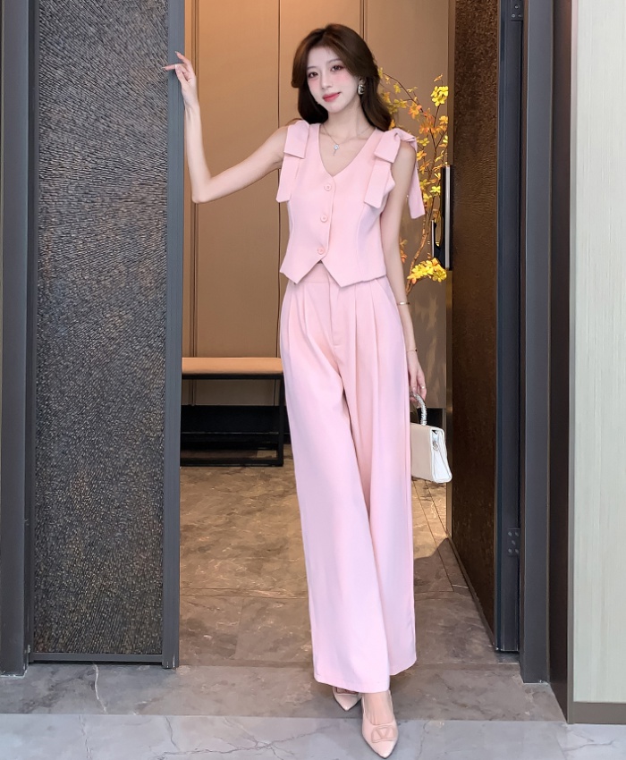 Bandage bow waistcoat profession V-neck long pants 2pcs set