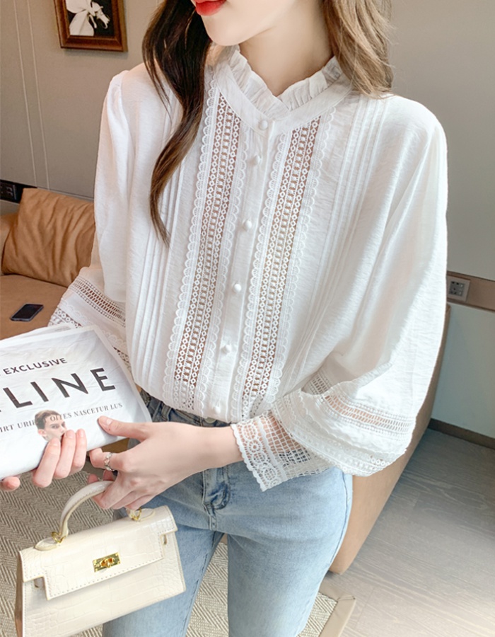 Long sleeve autumn splice shirt white fashion chiffon shirt