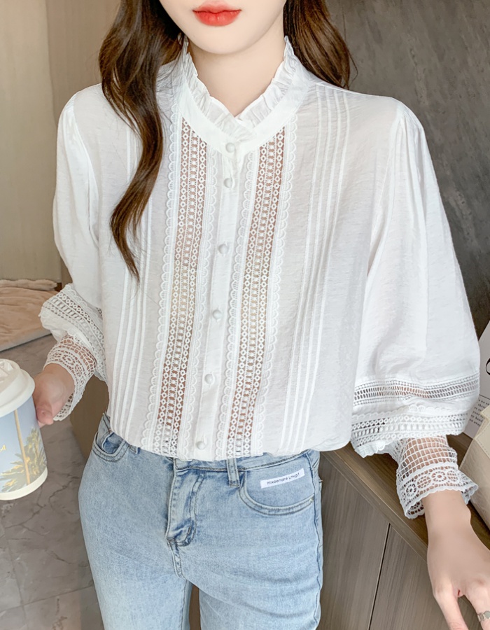 Long sleeve autumn splice shirt white fashion chiffon shirt