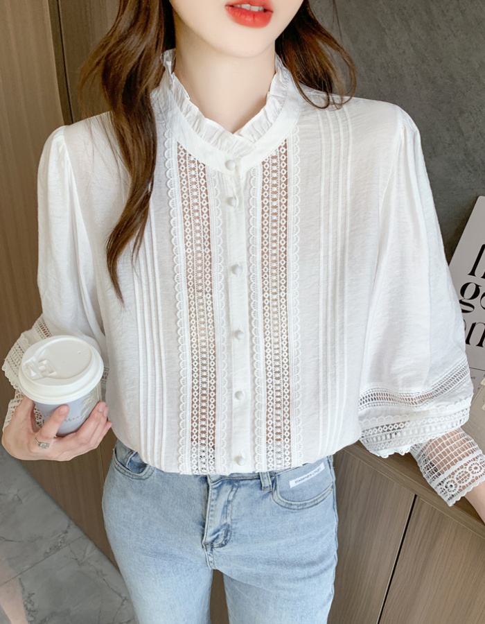 Long sleeve autumn splice shirt white fashion chiffon shirt