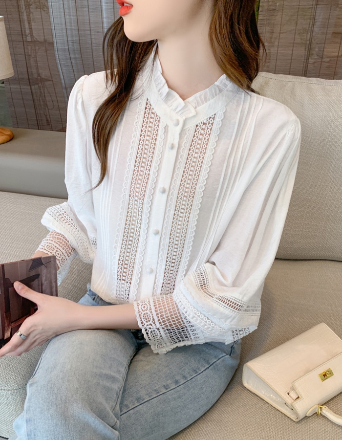 Long sleeve autumn splice shirt white fashion chiffon shirt