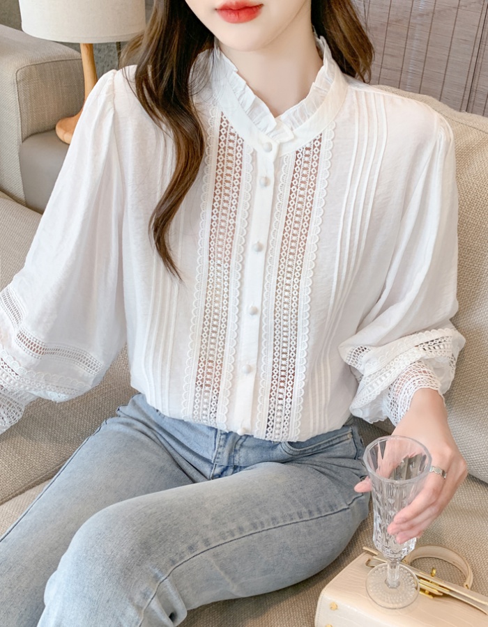 Long sleeve autumn splice shirt white fashion chiffon shirt