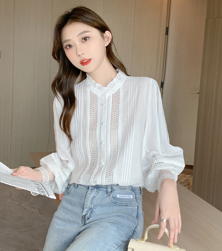 Long sleeve autumn splice shirt white fashion chiffon shirt