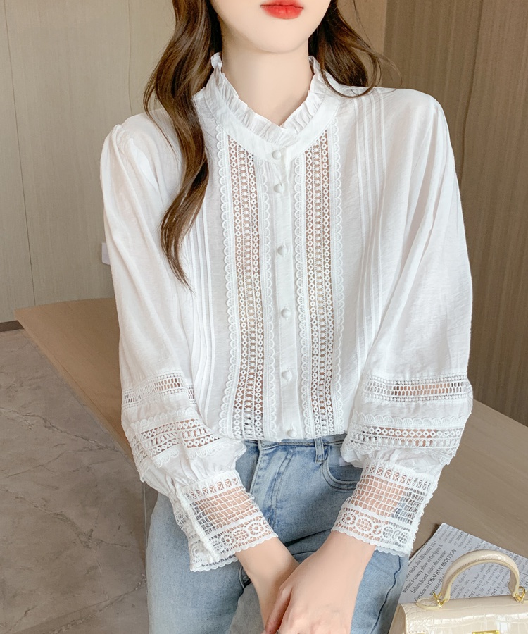 Long sleeve autumn splice shirt white fashion chiffon shirt