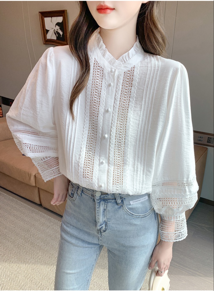 Long sleeve autumn splice shirt white fashion chiffon shirt