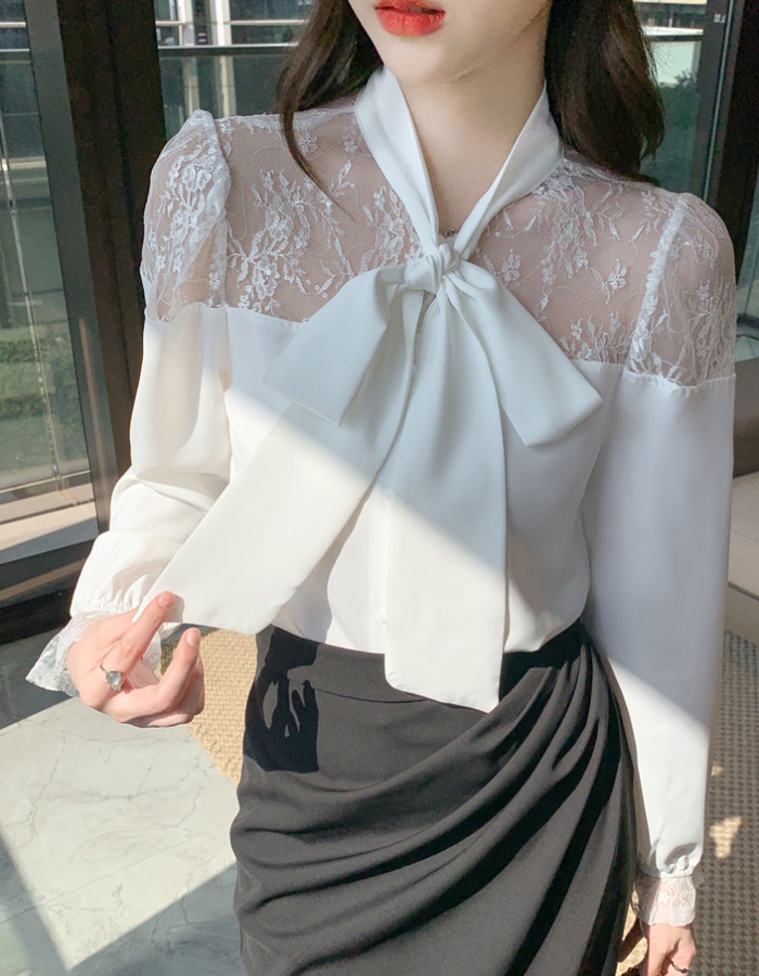 Frenum chiffon bow tops autumn lace splice shirt