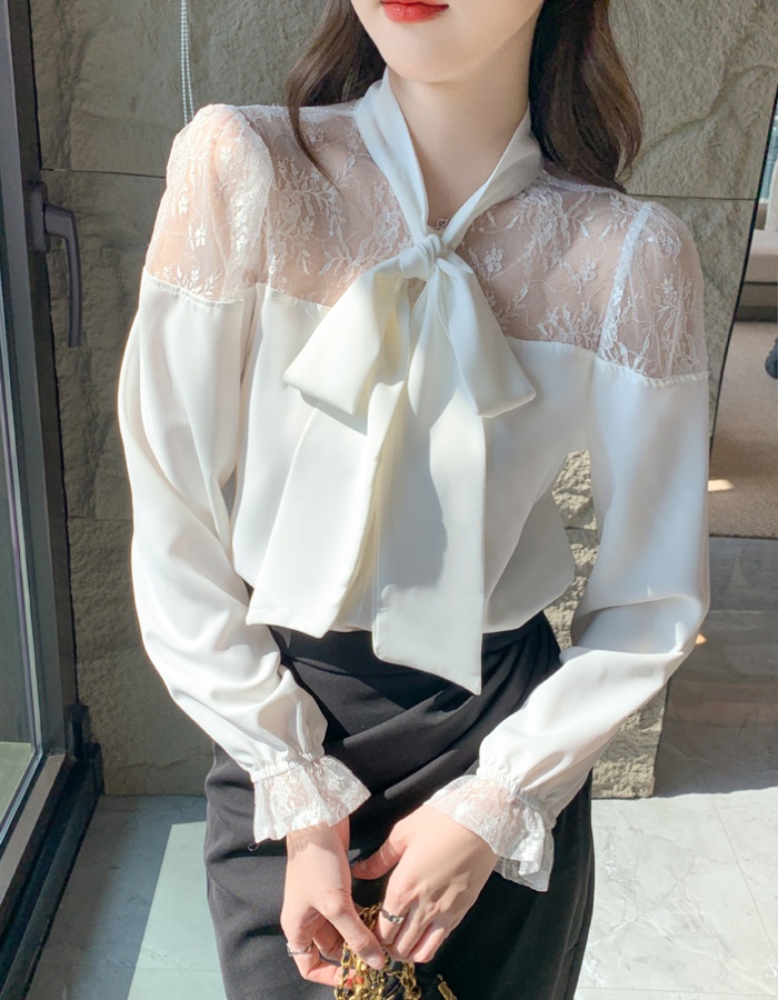 Frenum chiffon bow tops autumn lace splice shirt