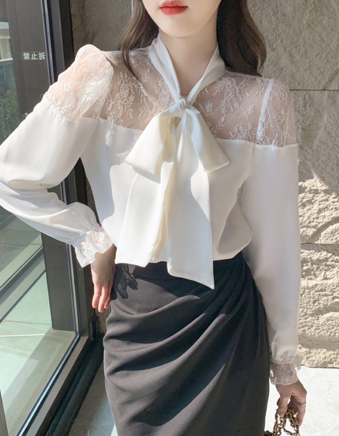 Frenum chiffon bow tops autumn lace splice shirt