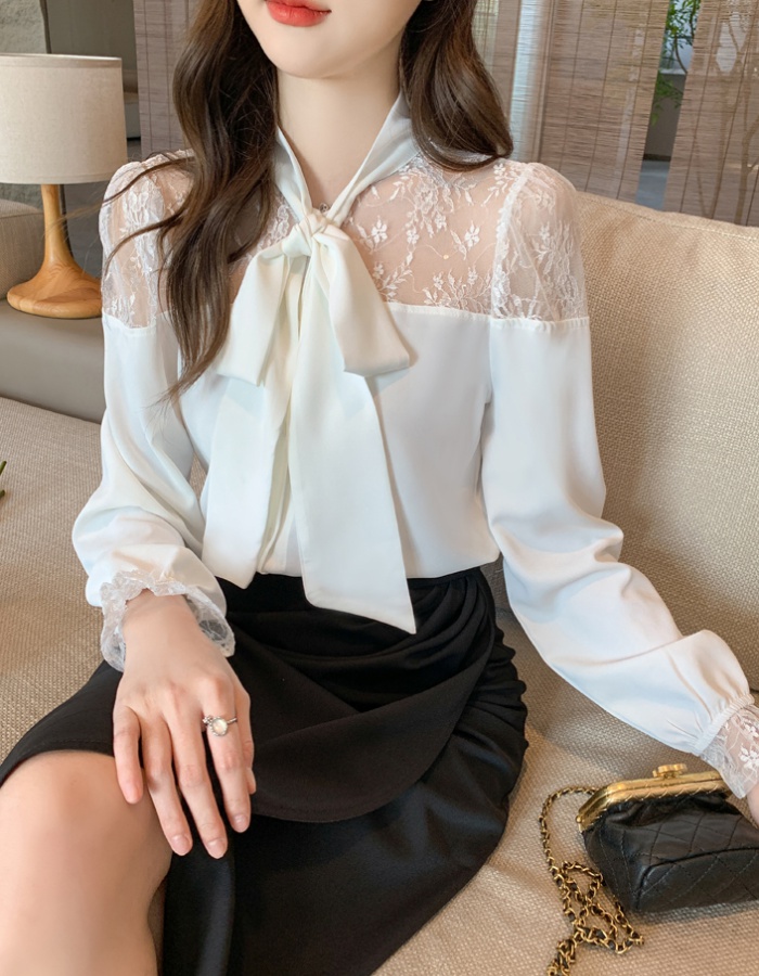 Frenum chiffon bow tops autumn lace splice shirt