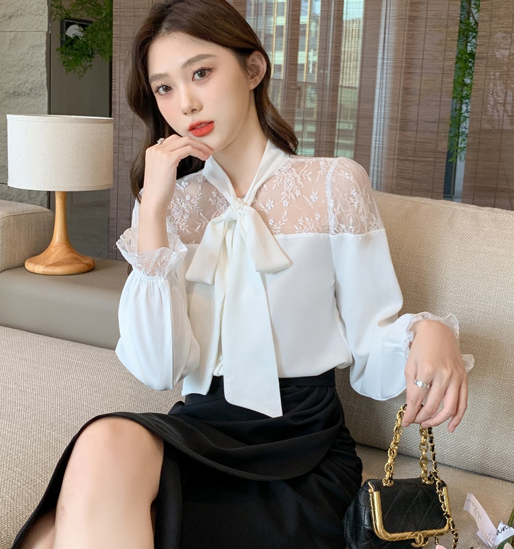 Frenum chiffon bow tops autumn lace splice shirt