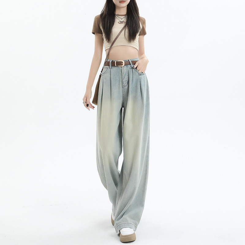 Fold mopping loose pants straight high waist long pants