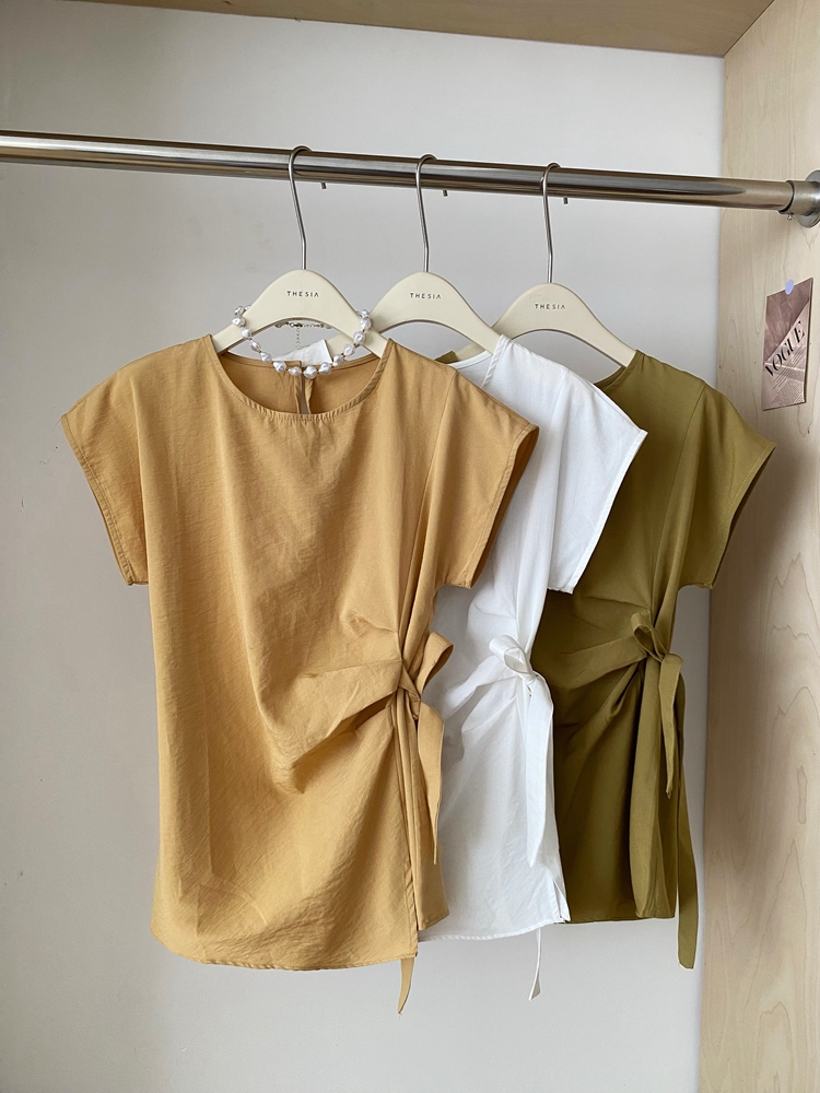 Bandage pinched waist pure all-match round neck tops