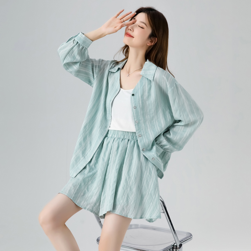 Lapel long sleeve shirt summer skirt 2pcs set for women