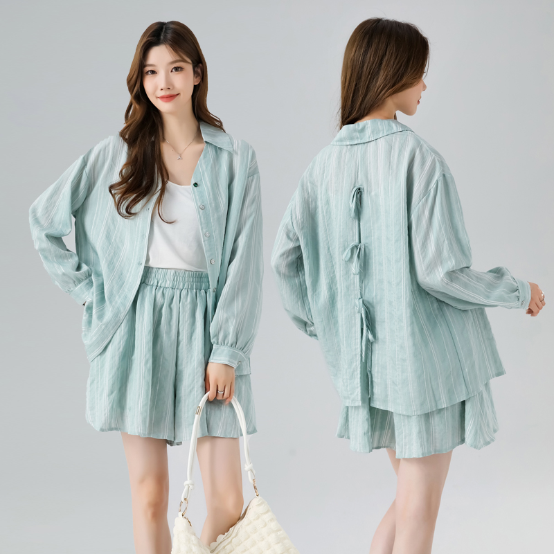 Lapel long sleeve shirt summer skirt 2pcs set for women