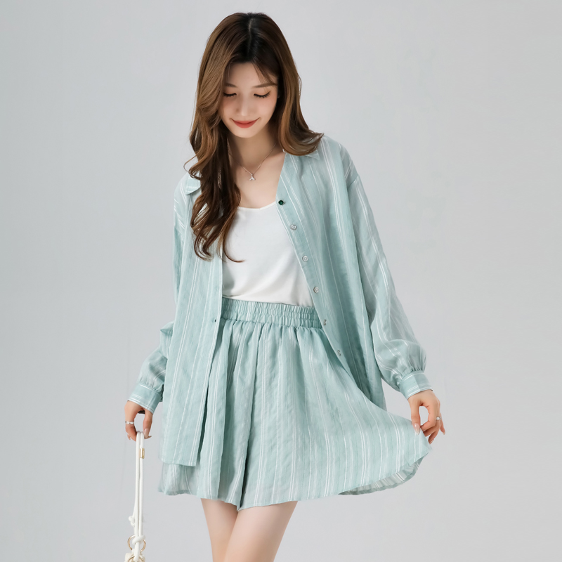 Lapel long sleeve shirt summer skirt 2pcs set for women