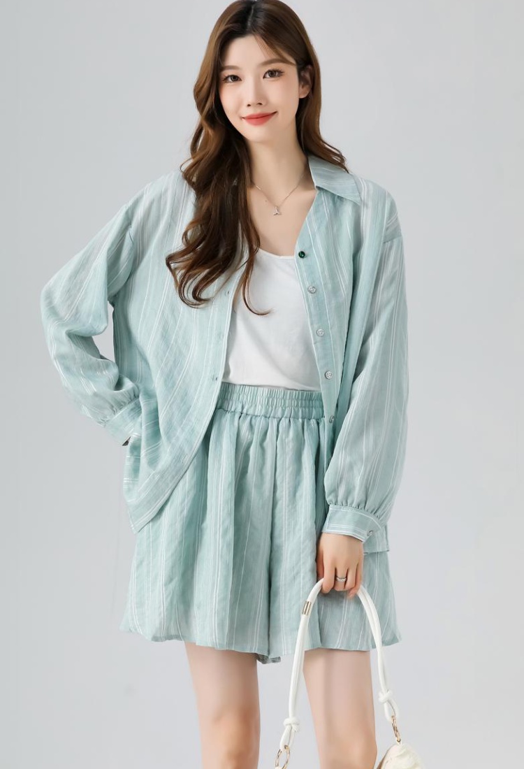 Lapel long sleeve shirt summer skirt 2pcs set for women