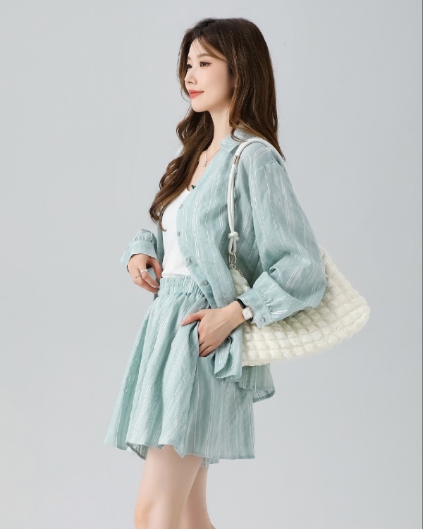 Lapel long sleeve shirt summer skirt 2pcs set for women