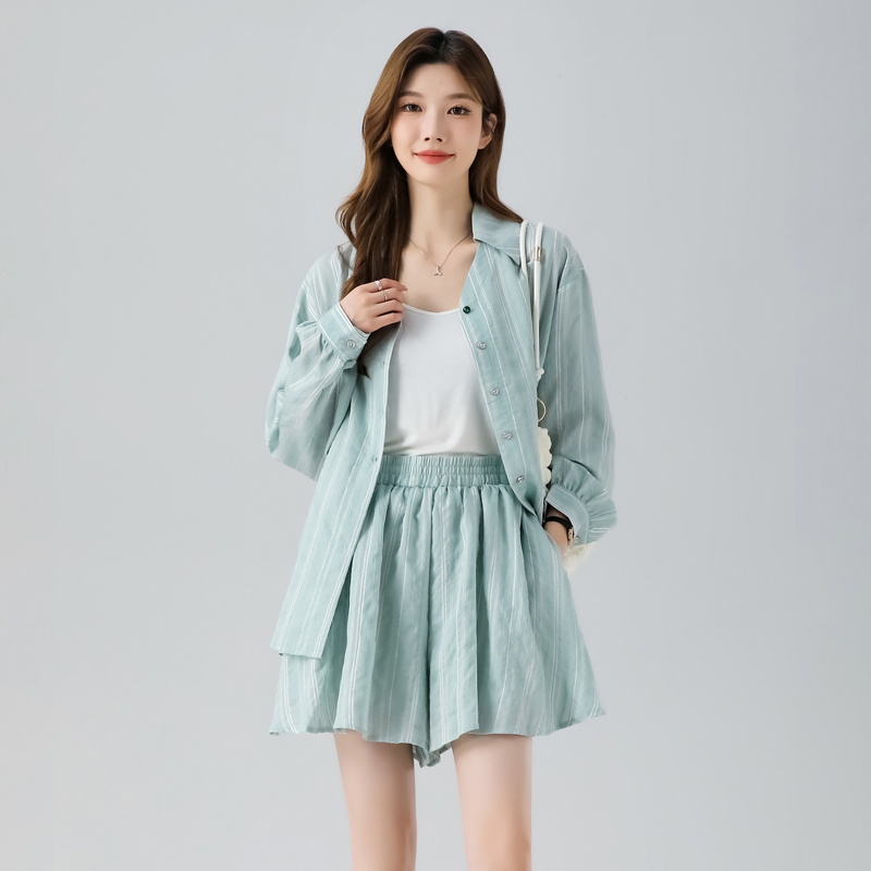 Lapel long sleeve shirt summer skirt 2pcs set for women